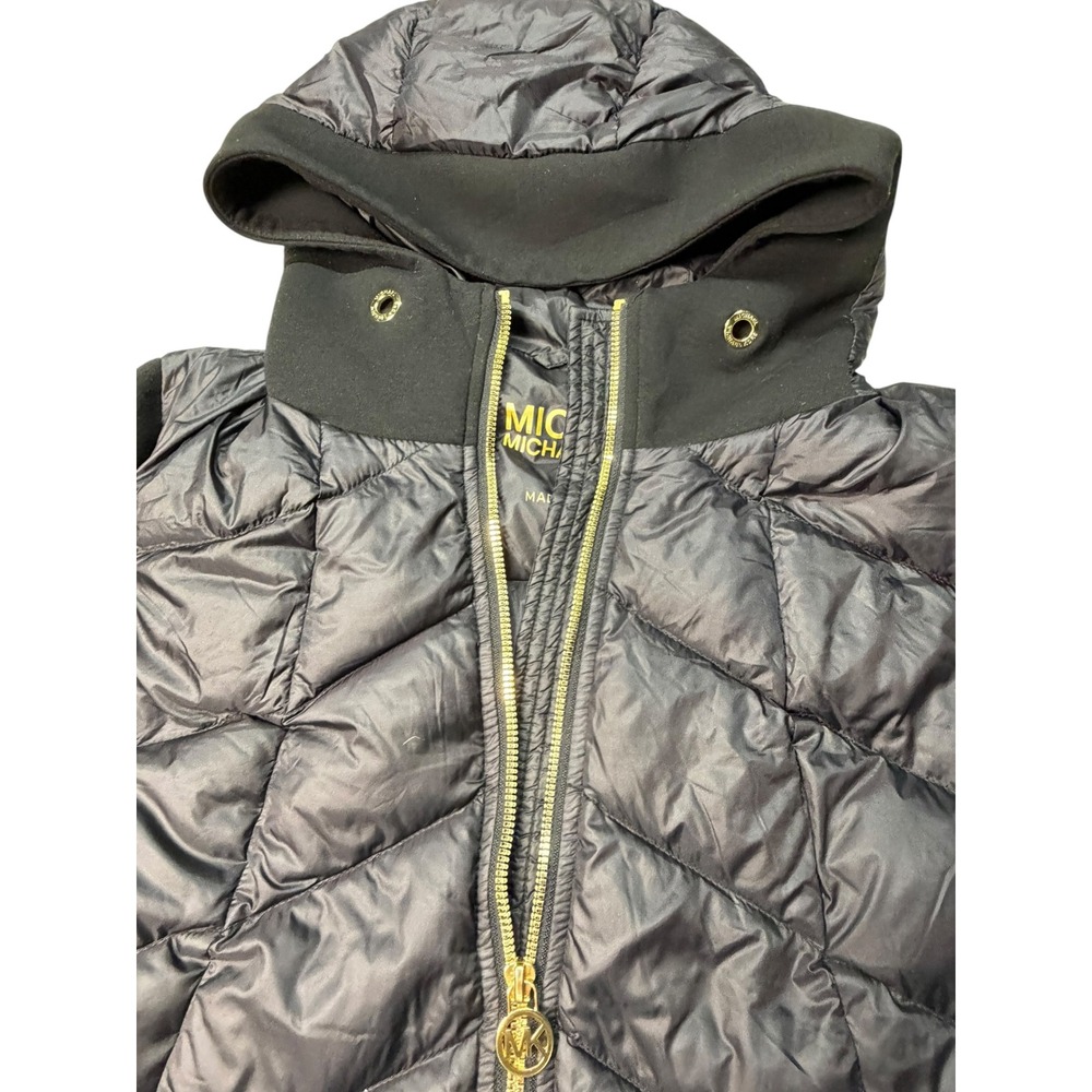 Michael Michael Kors Womens Black‎ Hybrid Quilted Puffer Hooded Jacket Gold MK M - Picture 3 of 4